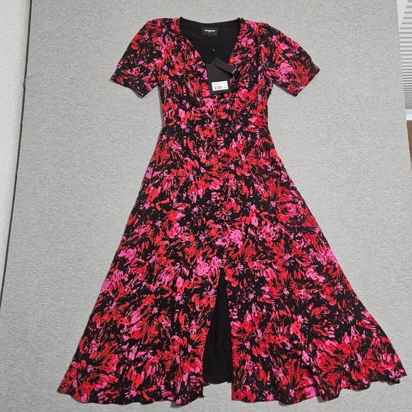 The Kooples Firework Print Midi Dress Black Red Pink V-Neck Size 1 FROB24151K - Picture 2 of 16